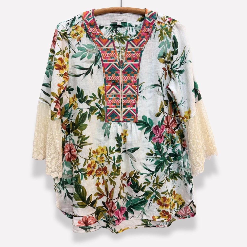 John Mark Embroidered Linen Tunic Lace Bell Sleeve Small Cottagecore Tropical
